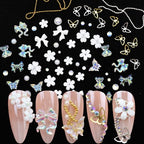 Flatback Nail Art Pearls Flower Bow Nail Charms with Nail Rhinestones Glue Gel Gold Silver Butterfly Nail Supplies Colorful Nail Pearls Rhinestones Gems for Women Acrylic Nail Decoratons