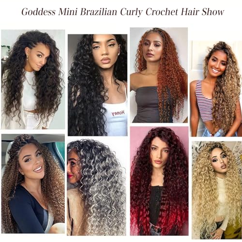 Xtrend Pre looped Brazilian Braids Afro Curly Crochet Braiding Hair Yaki Kinky Micro Curly Water Wave Crochet Hair 24 Inch 8 Packs Synthetic Deep Wave Mini Boho Braids For Women(30Strands/Pack，TBUG#)
