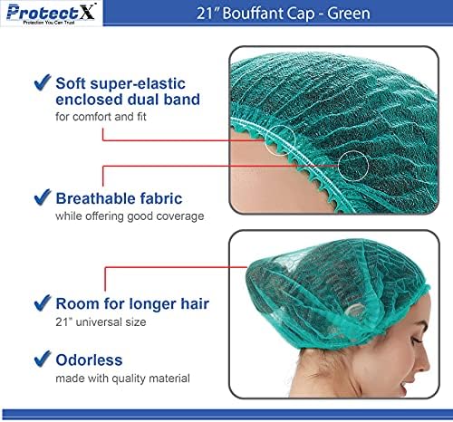 ProtectX 100-Pack Green Disposable Hair Nets, Elastic Head Cover, Bouffant Caps, Sanitation Head Cover for Food Service, Spa Men & Women - 21 inch
