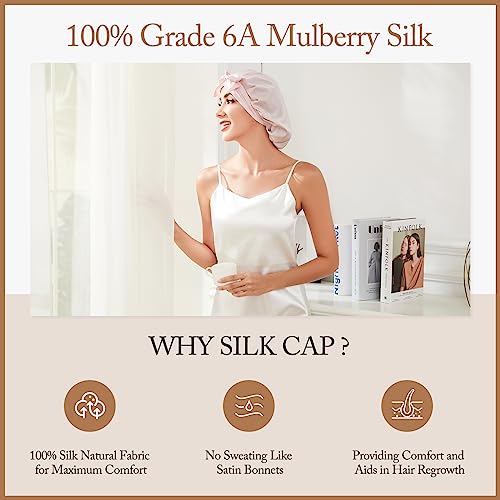 22 Momme 100% Mulberry Silk Bonnet for Women, Silk Sleep Cap for Hair Care, Silk Hair Wrap for Sleeping with Elastic Stay on Head All Night (Pink)