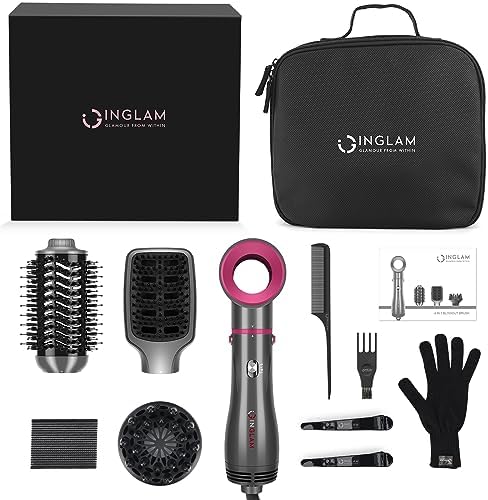 IG INGLAM 4 in 1 Hot Air Brush, Negative Ion Detachable Hair Styler & Volumizer with 2 Brush Heads, Updated Push Switch, Gray