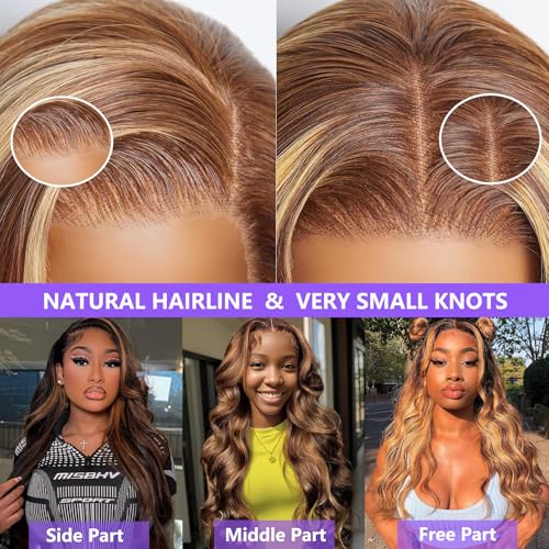 Honey Blonde Ombre Lace Front Wig Human Hair Highlight Body Wave 13X6 Lace Front Wigs Human Hair Pre Plucked HD Frontal 180 Density Glueless 4/27 Highlighted Human Hair Wig 30 Inch