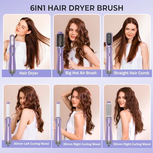 6 in 1 Blow Dryer Brush, Detachable Hair Dryer Brush Air Curler Air Styler Wrap, Curly Twist Hot Air BrushCurling Iron Brush, Blow Dryer Hot Brush Styler Negative Ion, Travel Hair Styling Tool