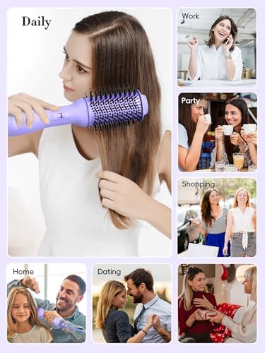 LANDOT Hot Hair Blow Dryer Brush: One-Step HairDryer Styler and Volumizer - Upgraded Plus 2.0 Hot Air Brush with Negative Ion Anti-frizz Ceramic Titanium 60mm Oval Shape Barrel Purple Color