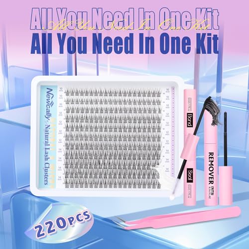 Natural Lash Extension Kit Cluster Lashes Kit Cluster Eyelash Extension Kit 220Pcs C Curl DIY Eyelash Extension Kit Short 10-14MM Individual Lashes Kit with Lash Remover by Newcally