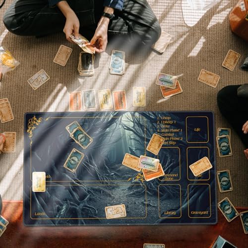 for MTG Playmat with Zones 24 x 14 inches for TCG Playmats Non-Slip Rubber Base Commander Play Mat for Magic The Gathering Playmat Iorcana Trading Card Game, Strange Mysterious Dark Forest