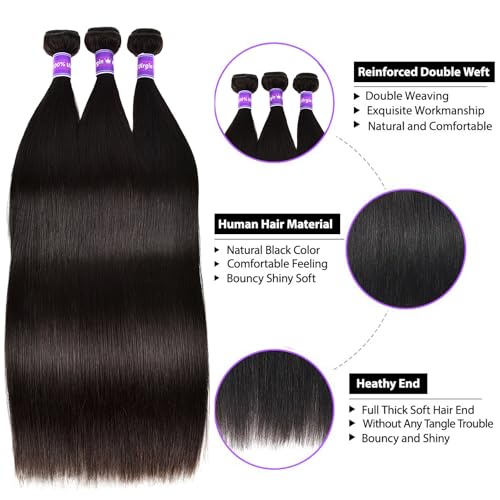 Brazilian Hair Straight Wave 3 Bundles Human Hair 10A Grade Unprocessed Virgin Remy Hair Bundles 24 26 28 Inch Silk Straight Hair Bundles Human Hair Weave Bundles Hair Extensions Double Weft