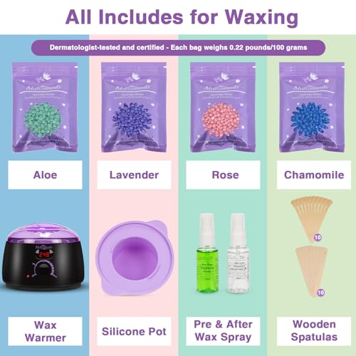 Waxing Kit -Digital Wax Warmer Machine for Hair Removal with 4 Packs of Hard Wax Beads & Silicone Wax Pot for Full Body, Legs, Face, Eyebrows, Bikini, Brazilian at Home Waxing Kit for Women Men