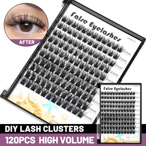 Large Tray- 10-20MM Available 120 Pcs D Curl Segmented Cluster Eyelashes Makeup DTY Volume Eye Lashes Extensions Natural Long Wide Stem Individual False Eyelashes (Lashes Kit-12-14-16mm)