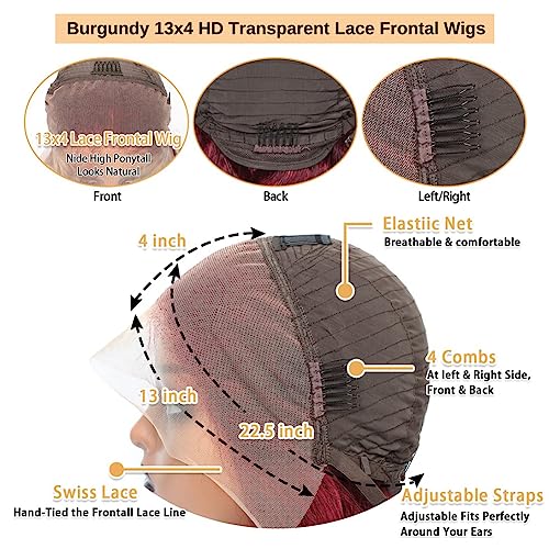 99j Burgundy Body Wave Lace Front Wigs Human Hair 180 Density 13x4 HD Transparent Lace Frontal Wigs Human Hair Glueless Wine Red Wigs Brazilian Virgin Human Hair Pre Plucked with Baby Hair