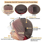 99j Burgundy Body Wave Lace Front Wigs Human Hair 180 Density 13x4 HD Transparent Lace Frontal Wigs Human Hair Glueless Wine Red Wigs Brazilian Virgin Human Hair Pre Plucked with Baby Hair