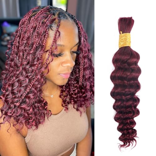 Human Braiding Hair for Boho Braids Burgundy Deep Wave Bulk Human Hair for Braiding 22 Inch 1 Bundle 50G #99J Wet and Wavy Curly Human Hair Red Braiding Hair Extensions No Weft Bundles for Braiding