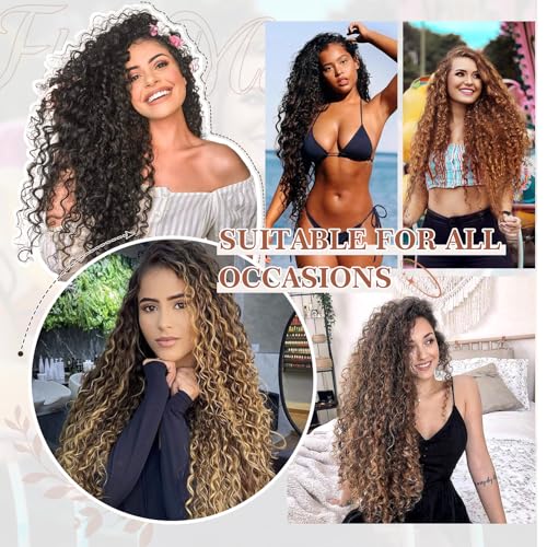 Flufymooz Clip in Hair Extensions, 4PC 100％ Pure Protein Silk Hair Extensions Long Soft Natural Hairpiece 20 Inch Curly Hair Extension for Women (Brown to Dirty Blonde)
