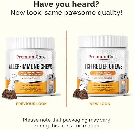 PREMIUM CARE Itch Relief for Dogs - 120 Allergy Chews for Dogs - Anti Itch Seasonal Support for Pets Itchy Skin Relief Skin Health Support with Colostrum, Vitamin C, Omega and Bee Pollen