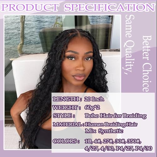 Human Braiding Hair Mix Synthetic Boho Hair for Braiding, 20 Inch Deep Wave Bulk for Boho Braids 2 Pcs Curly Bohemian Wet and Wavy Braiding Hair (1B, 20 Inch)