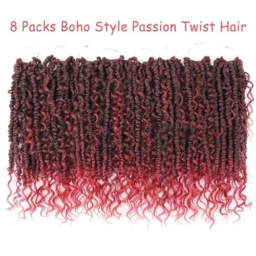 Leeven Passion Twist Crochet Hair 14 Inch Boho Style 8 Packs Ombre Burgundy Pre Twisted Goddess Twist Pre Looped Red Bomb Twists Curly Ends Synthetic Braids for Women Girl #TBUG