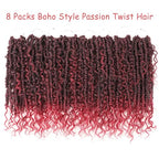 Leeven Passion Twist Crochet Hair 14 Inch Boho Style 8 Packs Ombre Burgundy Pre Twisted Goddess Twist Pre Looped Red Bomb Twists Curly Ends Synthetic Braids for Women Girl #TBUG