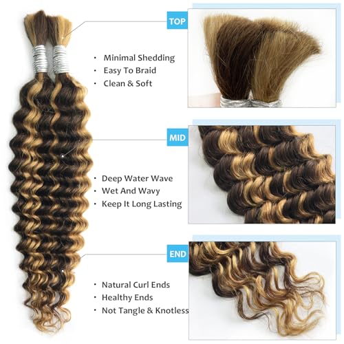 Human Braiding Hair - 22 Inch Blonde Deep Wave Bulk Hair for Braiding Boho & Micro Bohemian Braids - 100g