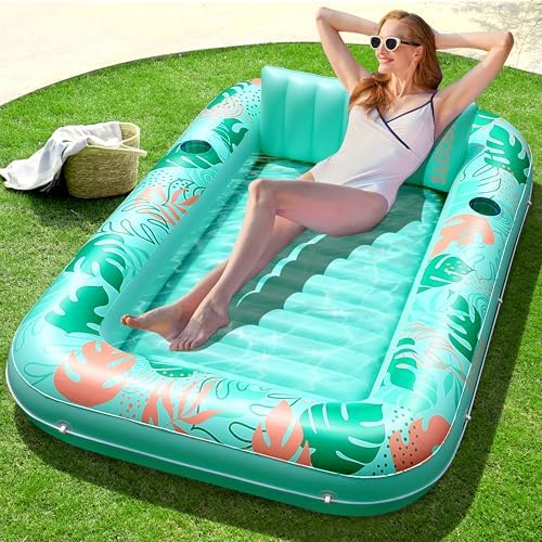 SLOOSH Inflatable Tanning Pool Lounger Float, 70" x 46" Pool Floats Adult with Pillow, 4 in 1 Suntan Tub Raft Floatie,Sunbathing Bed Lounge for Water Blow Up Kids Ball Pit Party Gifts, L-Aqua Blue