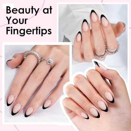 Canvalite French Tip Press On Nails, 30Pcs Short Almond Press on Nails Reusable Acrylic Fake Nails with Glue & Glue Remover Easy to Use Manicure Kit for Women, Black