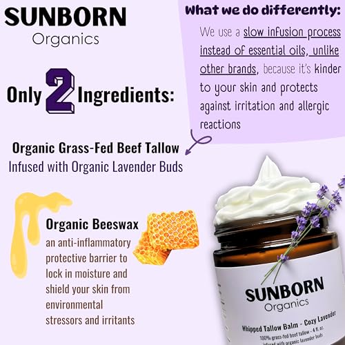 Pure Whipped Tallow Balm | Handmade in USA | 100% Organic Grass-Fed Beef Tallow for Skin | Beef Tallow Face Moisturizer Lotion for Dry Skin, Eczema, Baby, Lip Balm (4oz, Cozy Lavender)