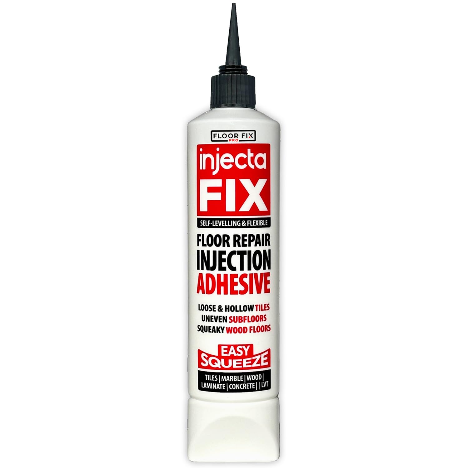 Floor-Fix Pro Easy Squeeze - Extra Strength Adhesive - Fix Loose & Hollow Tiles, Squeaky Wood & Laminate - Includes Built in 5/64” Syringe Tip - No Sealant Gun Required (10.1 Fl Oz)