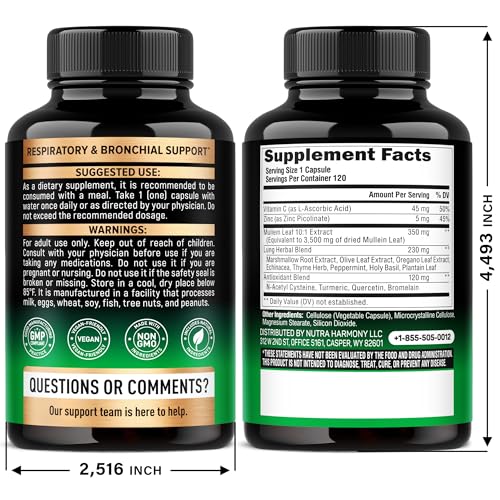 Mullein Leaf Extract for Lung Detox - Marshmallow Root | Echinacea | Oregano | Quercetin | NAC - 15-in-1 Lung Support & Cleanse for Smokers Supplement - Made in USA - As Drops, Tincture - 120 Capsules