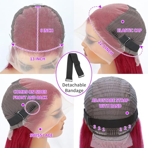 32 Inch 99J Burgundy Lace Front Wigs Human Hair 200% Density 13x6 Straight Lace Front Wigs Human Hair Pre Plucked Red Lace Frontal Wig for Women Glueless Human Hair Wig with Baby Hair Natural Hairline
