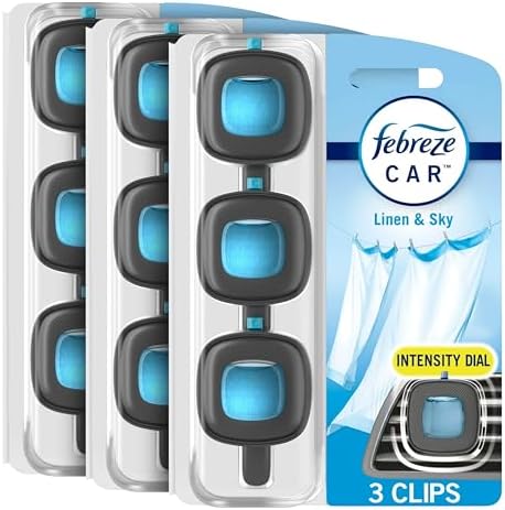 Febreze Car Air Freshener, Odor-Fighting Automotive Vent Clip, Linen & Sky Scent, 3 Count