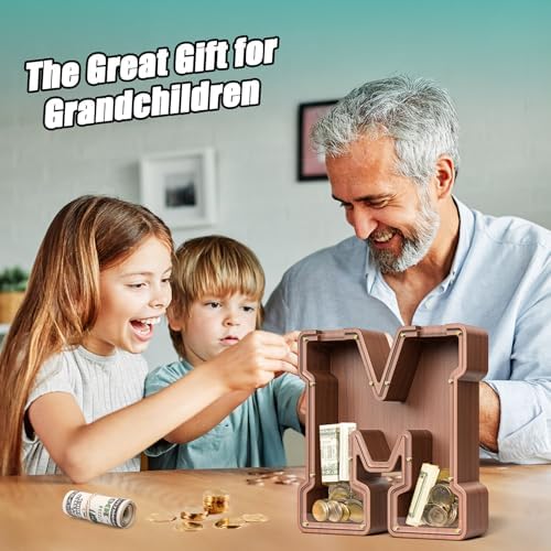 Summidate Wooden Letter Piggy Bank, Extra Thick Large Capacity Piggy Bank for Kids Boys Girls Toddler, Alphabet M Money Bank| Coin Box Birthday, Christmas, Festival