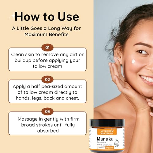 Organic Tallow Manuka Honey Cream for Sensitive Skin- Certified Grass-Fed Beef Tallow Skin Cream Helps Soothe the Effects of Eczema. Certified Grass-Fed by AGW, by Authentic Body And Soul