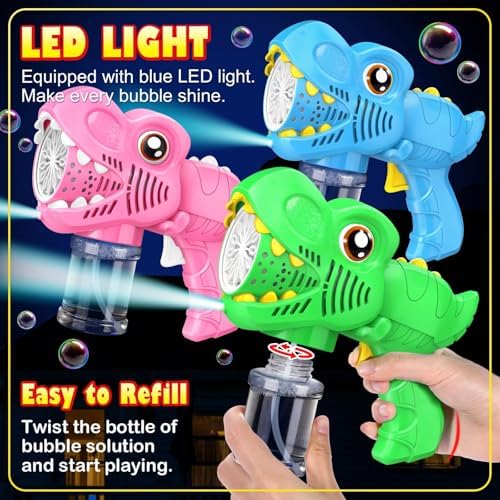 3 Pack Bubble Mahine Gun - Dinosaur Bubbles Blower with LED Light Outdoor Toys for Ages 4-6 Boys Girls Gift for 3 4 5 6 7 8 Year Old Kids Easter Basket Stuffers Valentine Birthday (Green+Blue+Pink)