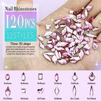 Dowarm 3200PCS Nail Art Rhinestones, Light Pink Flatback Rhinestones for Nails, Crafts, 12 Styles 3D Glass Crystal Nail Gems