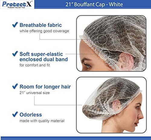 ProtectX 100-Pack White Disposable Hair Nets, Elastic Head Cover, Bouffant Caps, Sanitation Head Cover for Food Service, Spa Men & Women - 21 inch