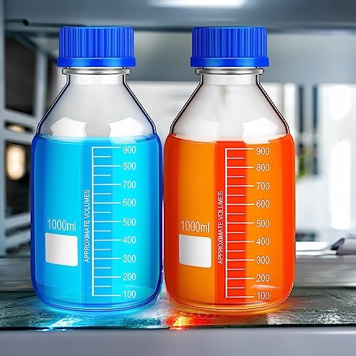 Irenare 8 Pieces Media Storage Bottles Borosilicate Storage Glass Scientific Round Graduated Media Bottle with Blue Gl45 Screw Cap for Lab Water Reagent Liquids(1000 ml)