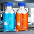 Irenare 8 Pieces Media Storage Bottles Borosilicate Storage Glass Scientific Round Graduated Media Bottle with Blue Gl45 Screw Cap for Lab Water Reagent Liquids(1000 ml)