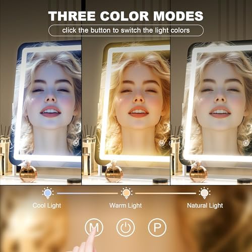 Hasipu Vanity Mirror with Lights, 15" x 13" LED Makeup Mirror, Light up Mirror with 10X Magnification, Smart Touch 3 Colors Dimmable, 360° Rotation (White)