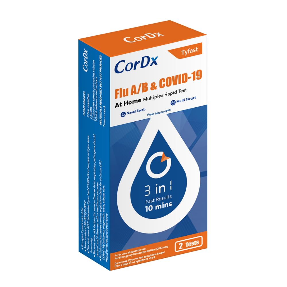 CorDx Flu A/B & COVID-19, At Home 3-in-1 Rapid Test Kit, 2 Tests