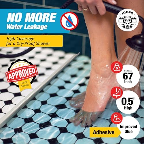 Shower Threshold Water Dam Barrier 67" - White Collapsible Shower Water Blocker - Guard for Walk in Shower - Water Guard Stopper for Floor - Shower Door Water Blocker by Hippo Dam