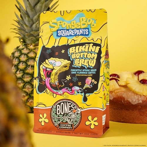 Bones Coffee Company Spongebob Bikini Bottom Brew Flavored Coffee Beans, Whole Bean Coffee Medium Roast Low Acid, Chocolate Souffle Flavor (12 oz)