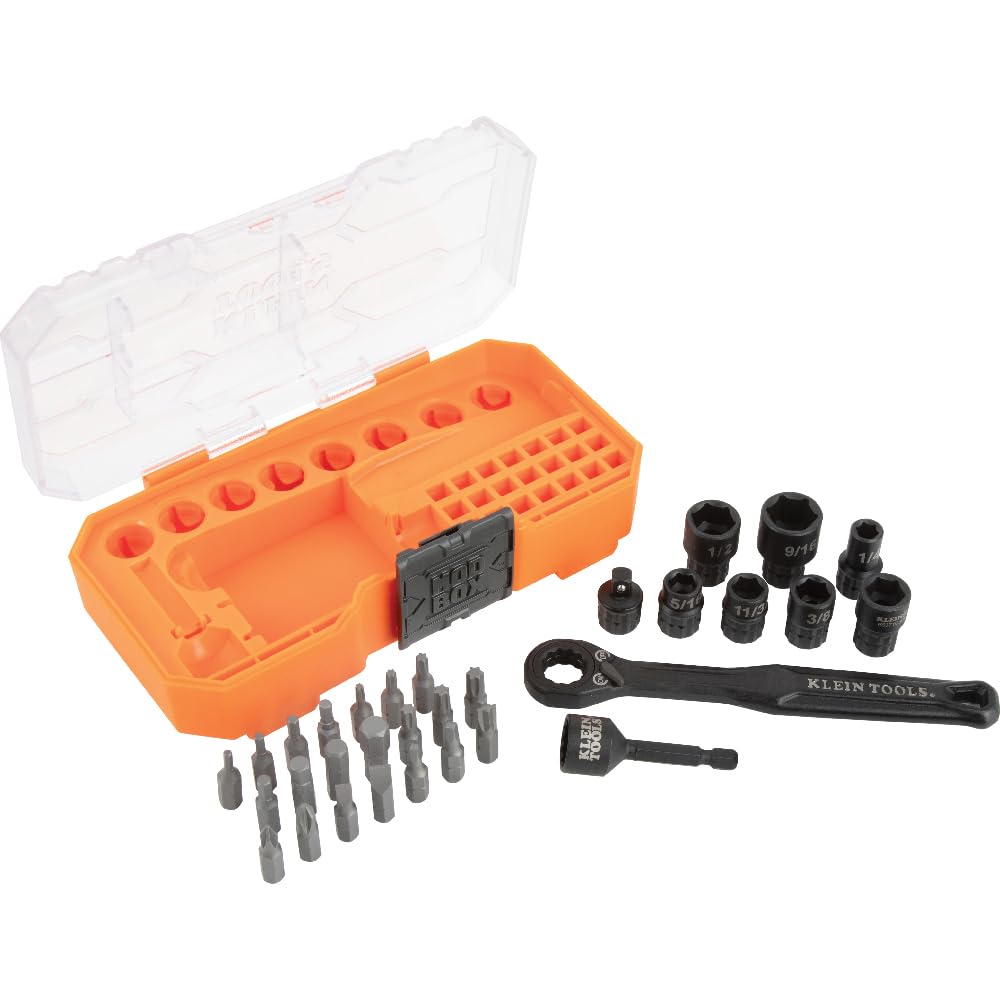Klein Tools 65300 KNECT 32-Piece Pass Through Socket Set, SAE Impact Set with MODbox Case, 1/4-Inch Drive, Sockets, Bits and Accessories