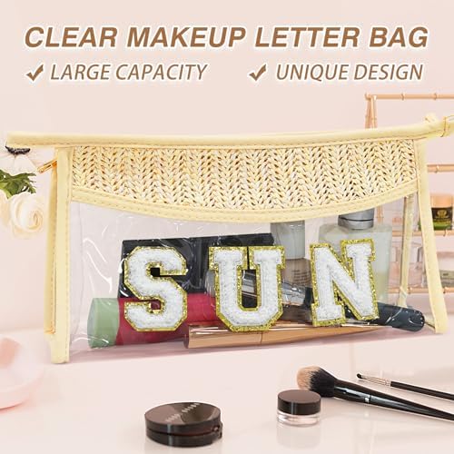 Boho Hand-woven Makeup Bag, Chenille Letter Patch Clear Travel Pouch, Rattan Straw Bag Clear Cosmetic Sunscreen Bags, Women Summer Retro Travel Beach Bag Beach Essentials (Boho_Beige-Sun)