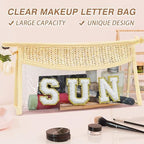 Boho Hand-woven Makeup Bag, Chenille Letter Patch Clear Travel Pouch, Rattan Straw Bag Clear Cosmetic Sunscreen Bags, Women Summer Retro Travel Beach Bag Beach Essentials (Boho_Beige-Sun)