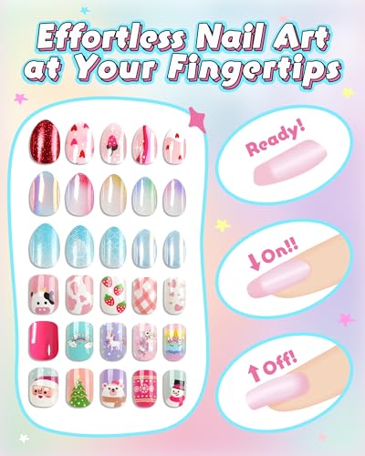 Press on Nails for Kids,tween Girls Trendy Stuff Fake Nails Kit,Pre-glue Glitter Stick on Nails for Kids 6,7,8,9,10-12 years old, Great for Girl Birthday Gifts,Parties&Makeovers Decoration