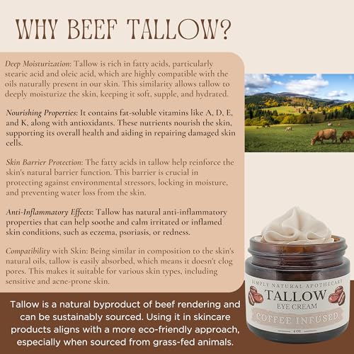 Grass-Fed Beef Tallow Eye Cream Infused with Coffee Beans - Rosehip Oil, Vitamin E - All Natural & Organic - Chemical Free - Non Toxic - Whipped - 1 oz Amber Glass Jar