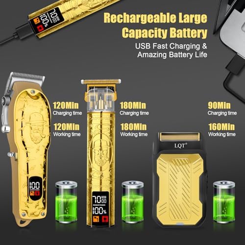 Professional Hair Clipper Set for Men Electric Shaver Razor Cordless Hair Cutting Barber Clippers Beard Trimmer Men’s Grooming Kit Gifts for him (Gold)