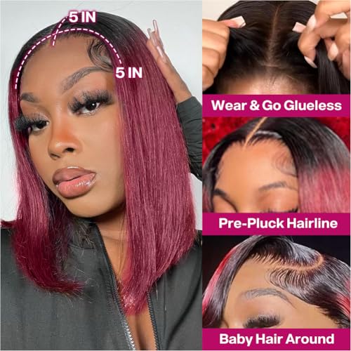 Ombre 99j Burgundy Closure Bob Wig Human Hair Wigs 1B 99j 5x5 Hd Lace Closure Wigs Human Hair For Black Women Straight Burgundy Human Hair Pre Plucked 200% Density Wig 99j Short Bob 12 Inch