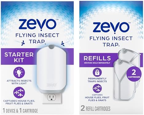 Zevo Flying Insect Trap for Indoors: Light Trap Captures Fruit Flies, Gnats and Houseflies, Starter Kit + Refills (1 Plug-in Base + 3 Cartridges)