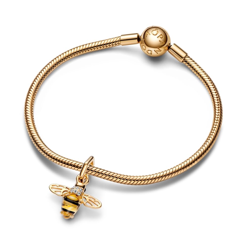 PANDORA Sparkling Bee Dangle Charm - Compatible with PANDORA Me & Moments - Gift for Her - 14k Gold & Enamel with Clear Cubic Zirconia & Crystal - With Gift Box