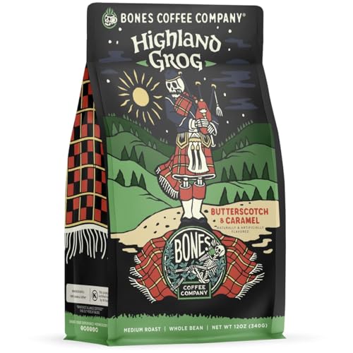 Bones Coffee Company Decaf Highland Grog Flavored Coffee Beans, Whole Bean Coffee Medium Roast Low Acid Decaffeinated, Butterscotch Caramel Flavor (12 oz)